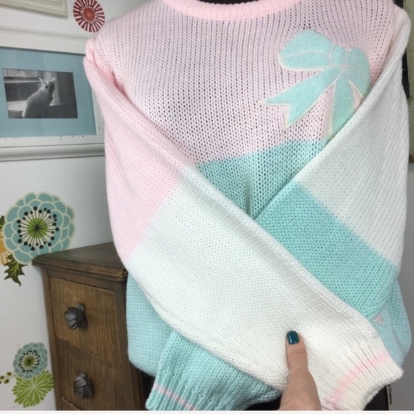 80s Pastel Sweater Fairy Kei Bows Oversized Kawaii - Picture 7 of 8